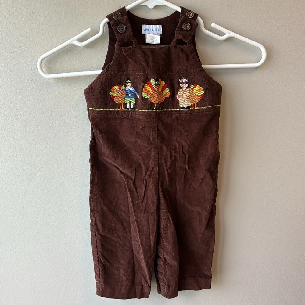 Vive La Fete Brown Corduroy Overalls with Embroidered Design Thanksgiving